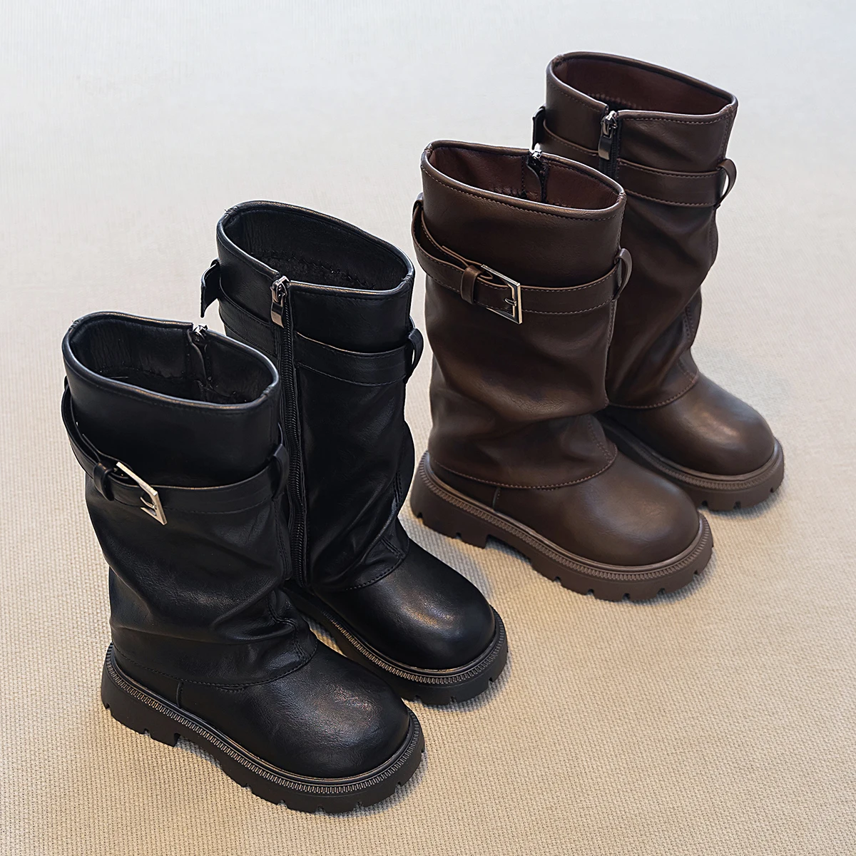 Little Girls Chunky Mid-calf Boots with Buckle 2026 New Winter Kids Thermal Boots Non-slip Classic Princess Christmas Party