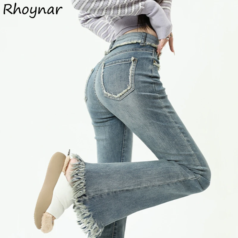 

Flare Skinny Jeans Women Spliced Fur-lined Summer Vintage High Waist Ripped Streetwear Korean Style Retro Chic All-match Slim