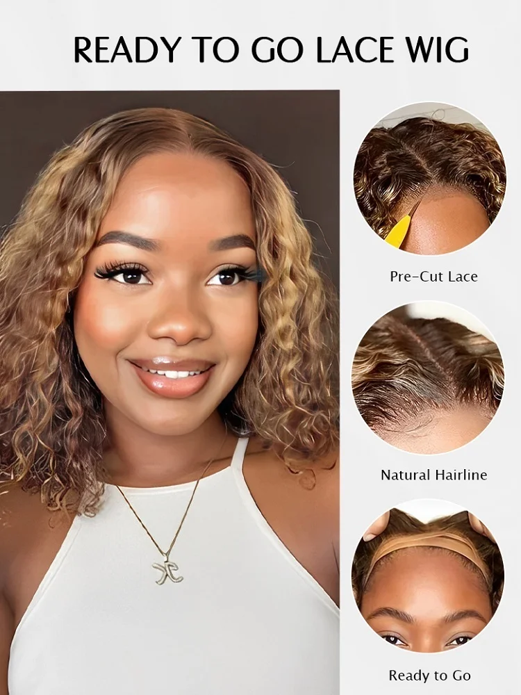 

Ombre Bob Wig Human Hair 4/27 Highlight Wear and Go Glueless Wig Deep Wave Curly Honey Blonde Lace Front Bob Wigs 180 Density