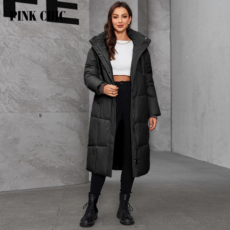 PINK CHIC 2024 New Winter Jacket Women\'s Down Jacket Fashion Warm Drawstring Hooded Long Women\'s Casual Parka W9085