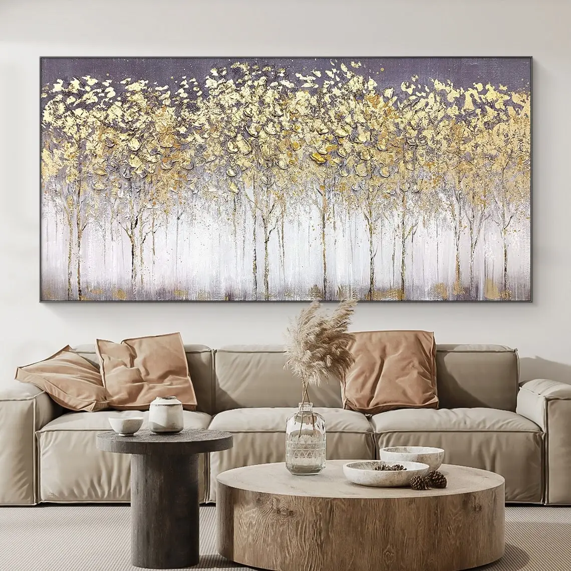 1pc Large Horizontal Gold-foil Birch Tree Canvas Print Misty Forest Landscape Wall Poster Unframed for Living Room Sofa Backgrou