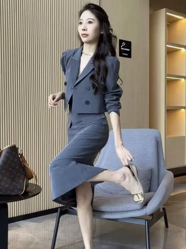 

Весенне-осенний женский деловой повседневный костюм с двубортным топом и брюками с высокой талией в корейском стиле