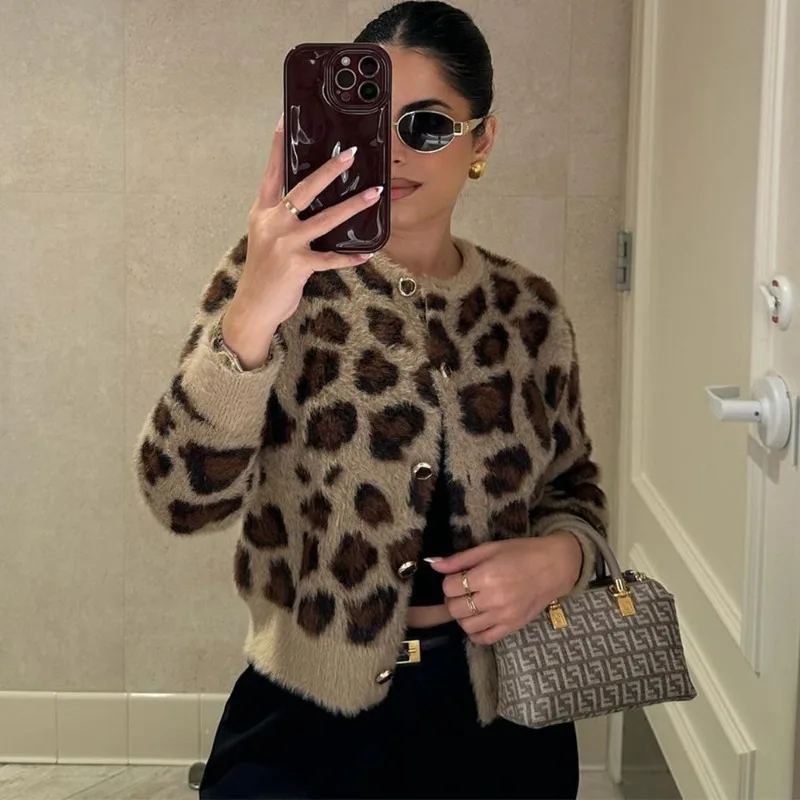 Talenza Leopard Print Knitted Cardigan Women's O Neck Single Breasted Printed Sweater Warm Streetwear Office Lady Knitted Jacket