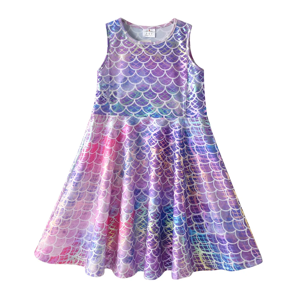 VIKITA Kids Mermaid Print Dress Girls Sleeveless Summer Dresses Girls Casual Daily Polyester Dress Kids Party Princess Dresses