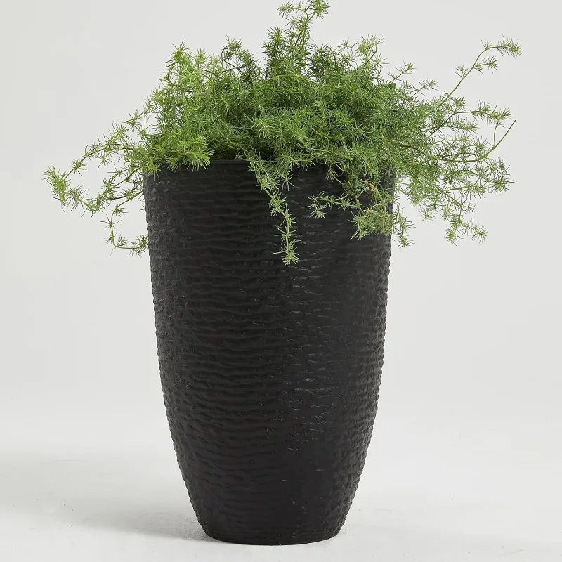 

21" H Tall Planters 2 Pack - 14'' Dia Resin Large Round Black Flower Pots- Imitation Stone Finish Plastic Indoor Front Porch
