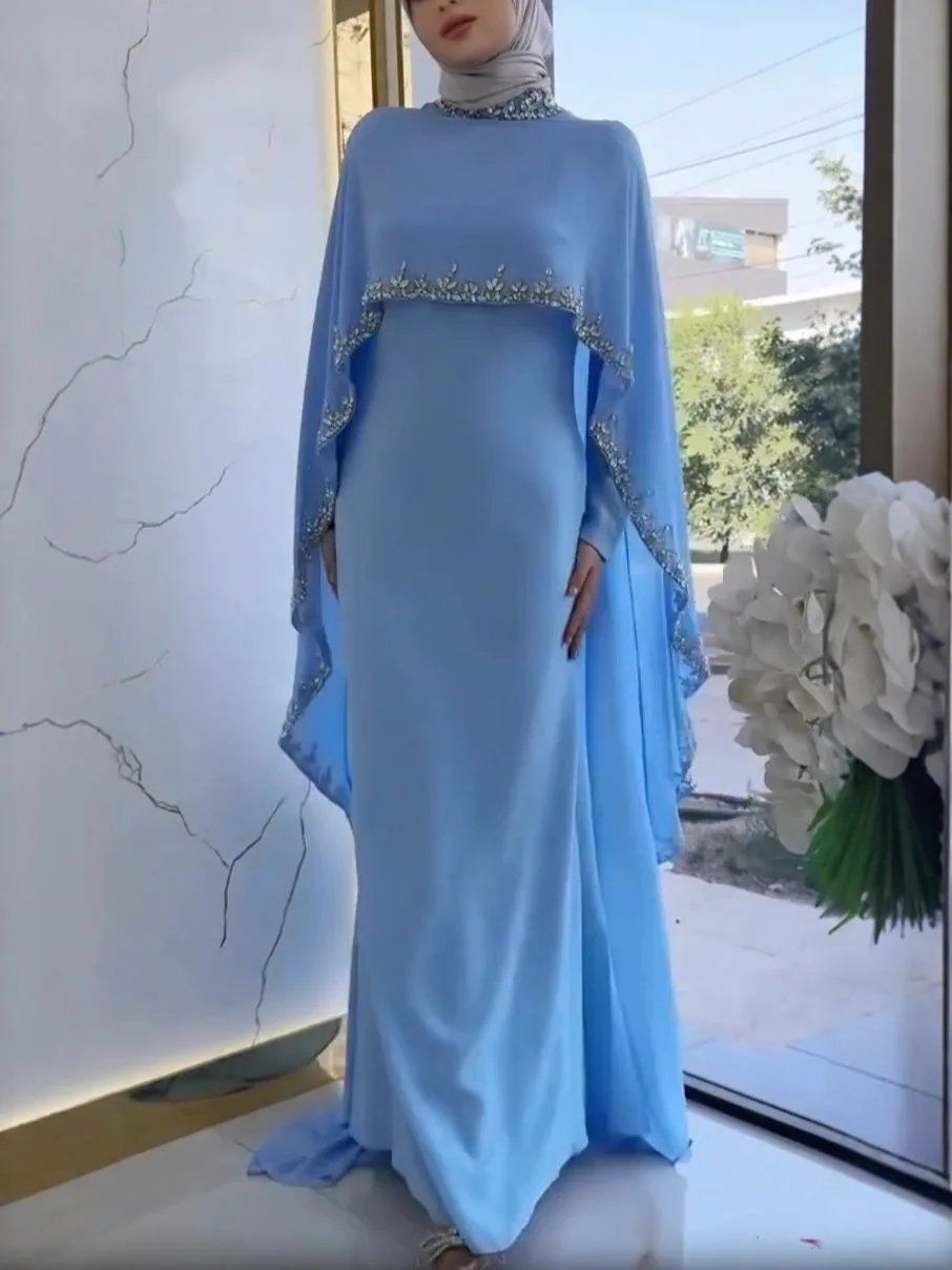 

Blue Wrap Saudi Arabia Women Prom Dress Full Sleeves High Neck Luxury Crystals Long Formal Evening Birthday Robe Party Gown