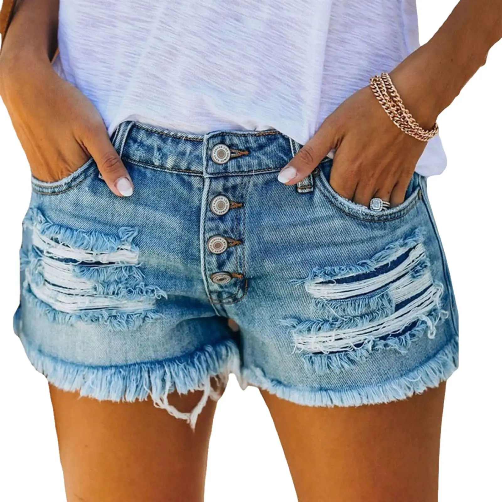 

Solid Color Ripped Denim Shorts For Women Summer Button Fly Frayed Hem Jeans Bottoms Daily Casual Streetwear Ladies Pants