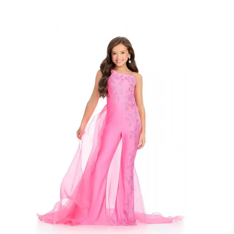 Cswdocy One Shoulder Floral Crystal Flared Jumpsuit Side Cape Train Kids Pageant Pant Outfit Flower Girl Suit For Runway Talent
