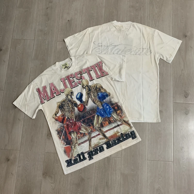 American Streetwear Boxing Competition Letter Stamped Diamond Embroidery Short-Sleeved Majestik T-shirt