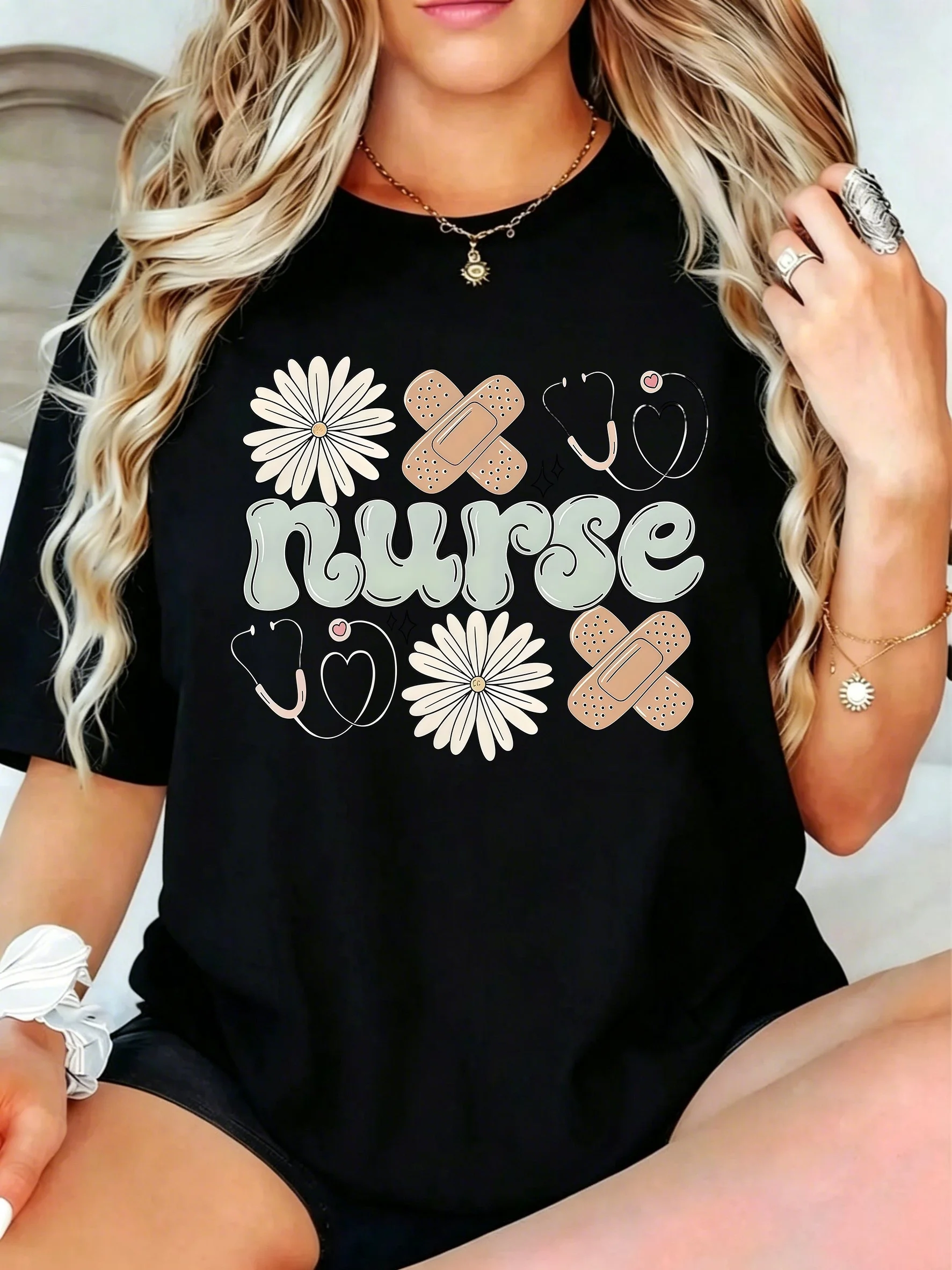 1Pcs Plus Size Women T-Shirt, Nurse Stethoscope Bandage Flower Heart Shirt, Loose Type Shirt for Women