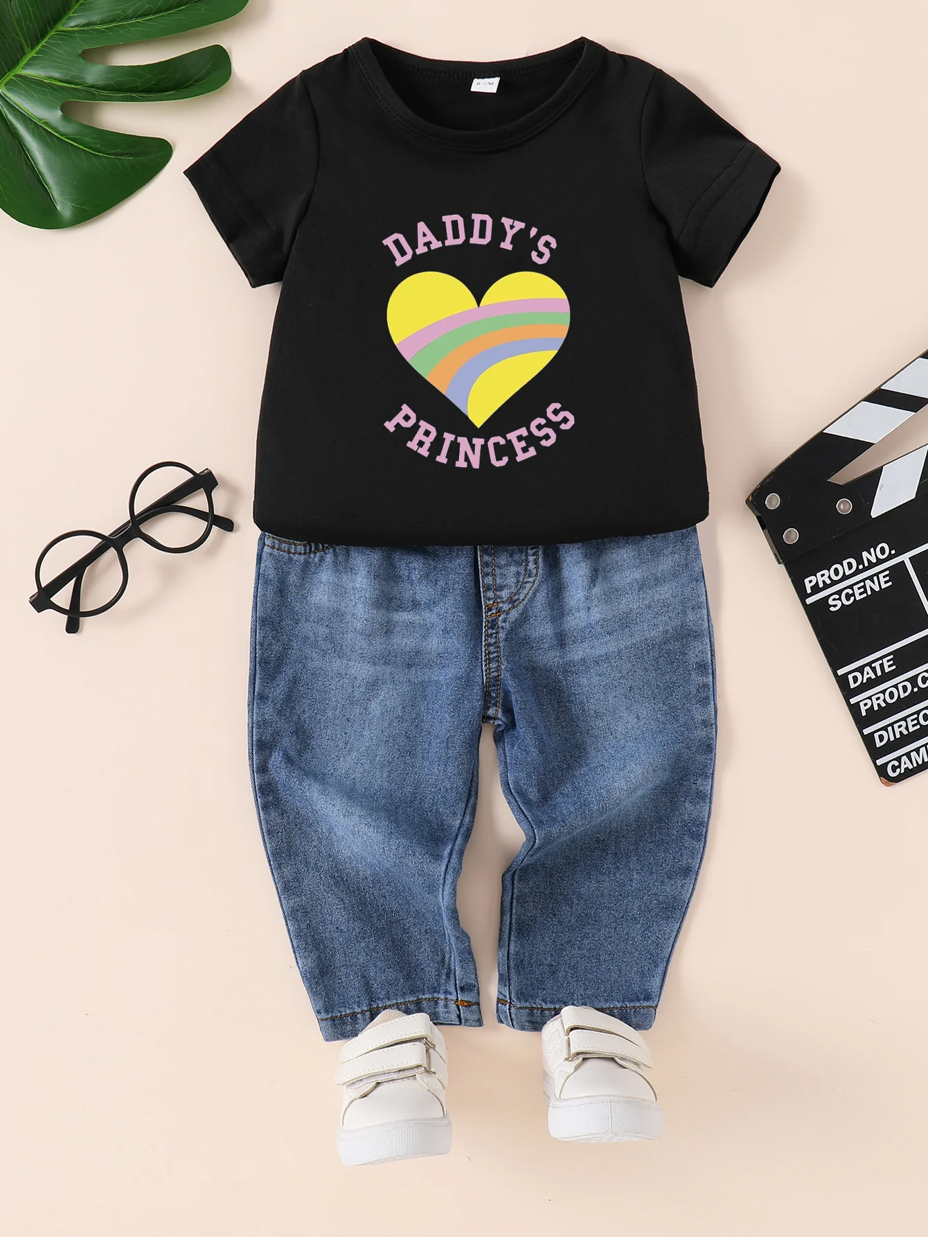 Summer New Boys and Girls Short sleeved Black T-shirt Round Neck Pullover+Denim Pants Set