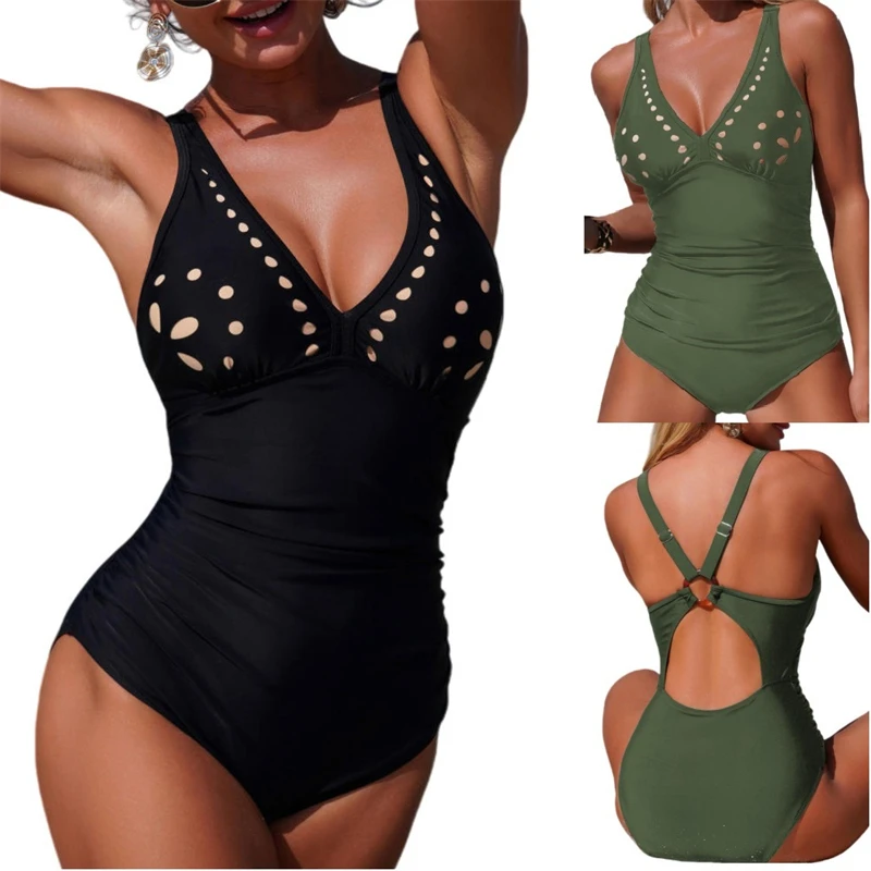 

2026 One Piece Women's Swimsuit V-Neck Crisscross Back Swimwear Tummy Control Full Coverage Bathing Suits