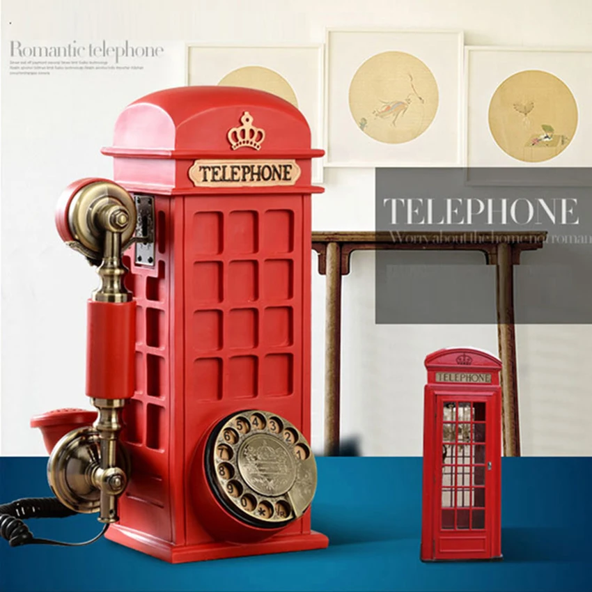 Red Telephone Booth Corded Telephone Desk Wall-Mounted Landline Phones, Rotary/Button Dial, with Adjustable Ringtones for Home