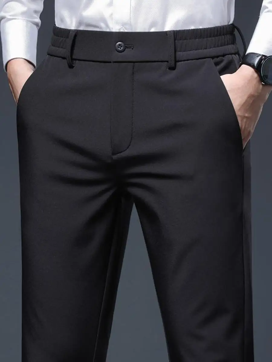 

Повседневные брюки с эластичной резинкой на талии, мужские эластичные деловые длинные брюки высокого класса, молодежные брюки свободного кроя, летний сезон