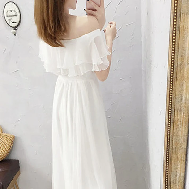 Sexy Off Shoulder Ruffles White Fairy Party Dresses for Women 2022 Summer Short Sleeve High Waist Slim Beach Midi Dress Vestidos