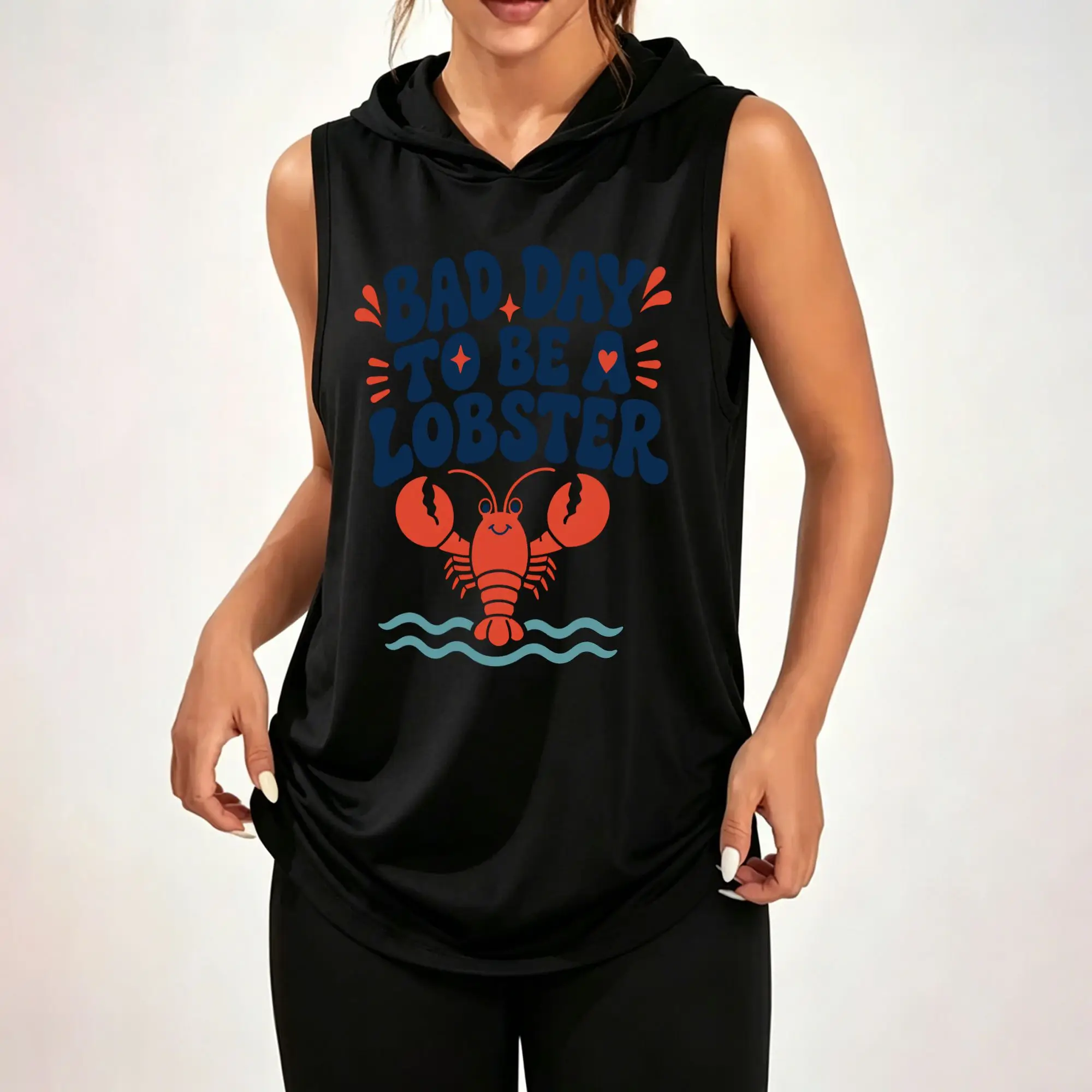 Women Sleeveless Hooded Tank Top Lobster Cartoon Graphic Print "Bad Day To Be A Lobster" Letter Vest Casual Loose Sleeveless Hoodie Daily Wear Hood Tank Tops