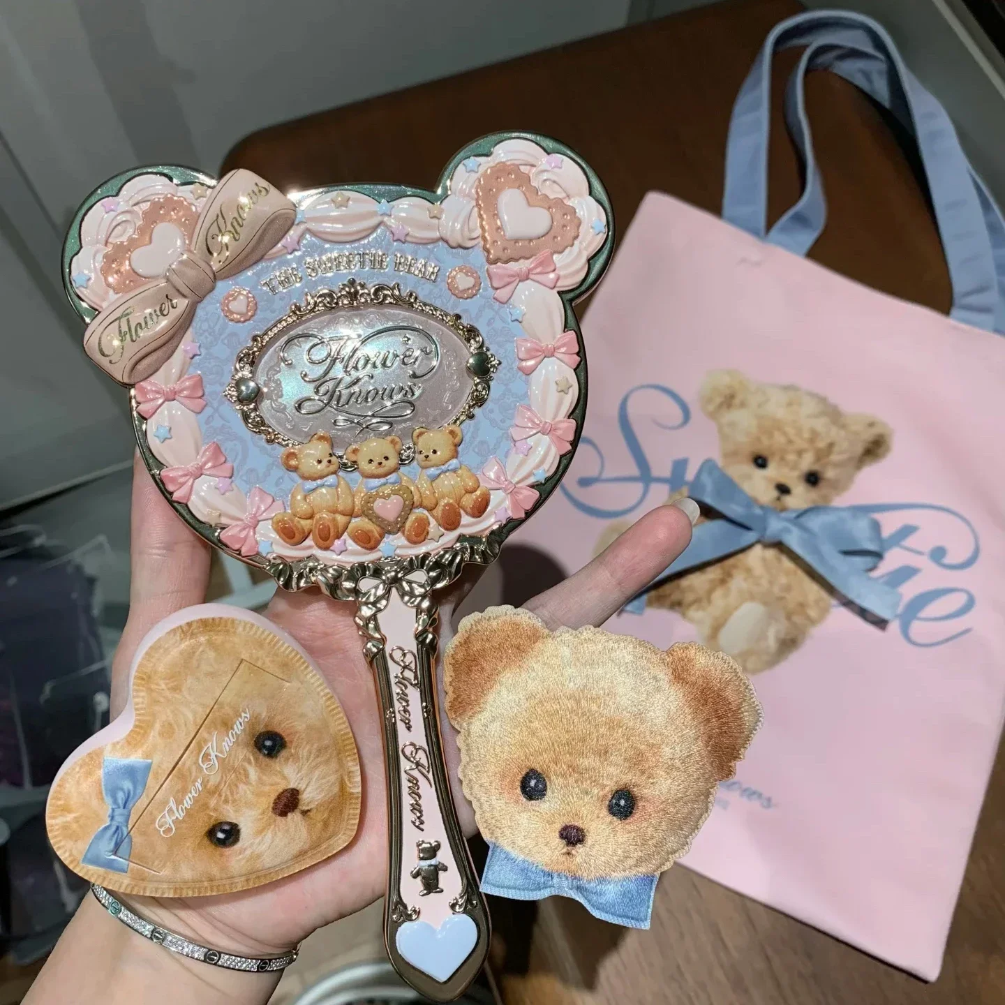 Flower Knows Limited Edition Hand Mirror with Powder Puff and Canvas Tote Bag Pastel Pink Blue Aesthetic Makeup