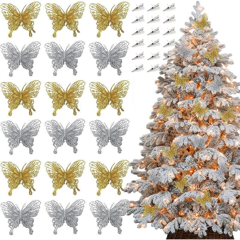 

5Pcs Christmas Tree Butterfly Decor Glitter Hollow Butterfly With Clips Xmas Tree Hanging Decor Home New Year 2025 Navidad Decor