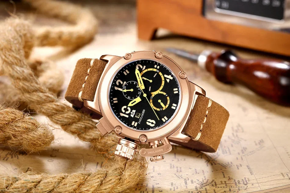 Reloj mecánico automático para hombre, cronógrafo multifunción de cuero marrón auténtico con fecha, fecha, mes luminoso limitado, oro rosa, bronce, U