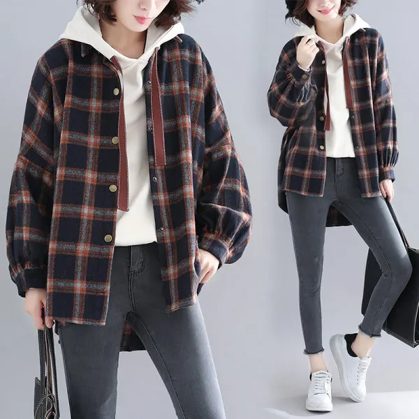 

Loose Plaid Flannel irt Jaet Women's Spring Autumn Lazy Sle Long Cotton Polyester Blend Button up Classic Commute Faion