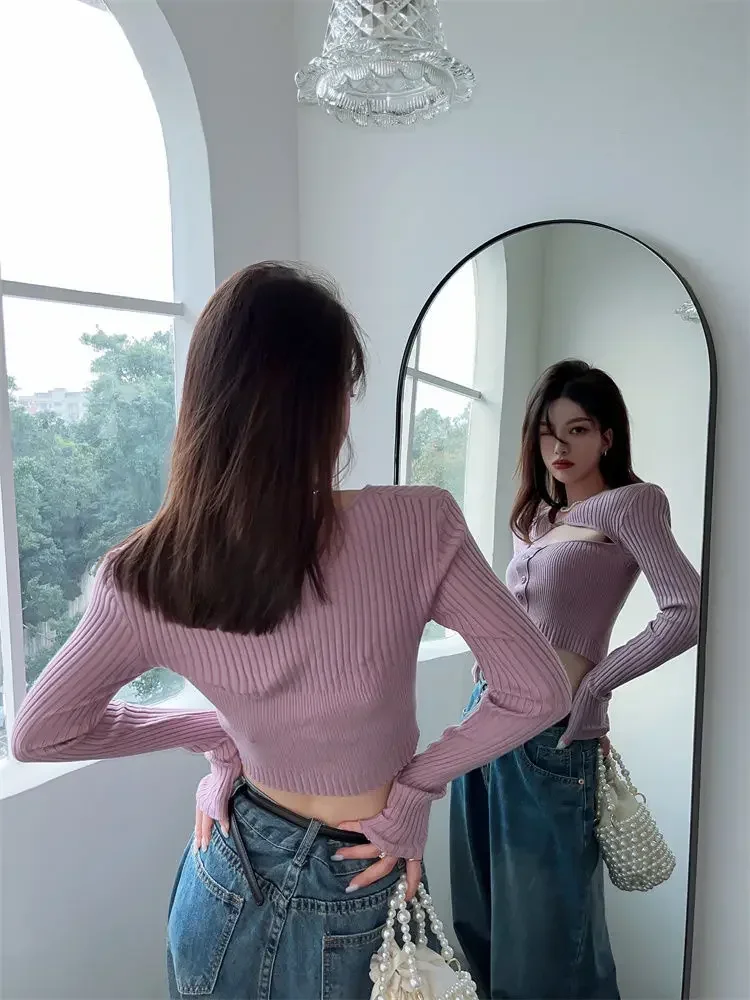 2026 New Hollow Knitted Cardigan Women Summer Fashion Slim Long Sleeve Y2k Cropped Tops Woman