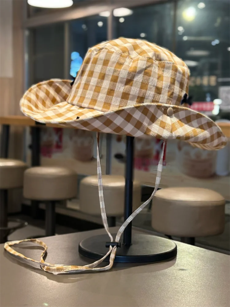 

Summer plaid bucket hat women's big eaves sun protection western cowboy sun hat outdoor camping hiking hat