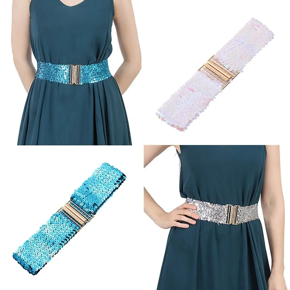 

Special Design Elastic Sequin Stretch Belt Eye Catching 60cm Shinny Waistband Gold Buckle Disc Belts Women Girl