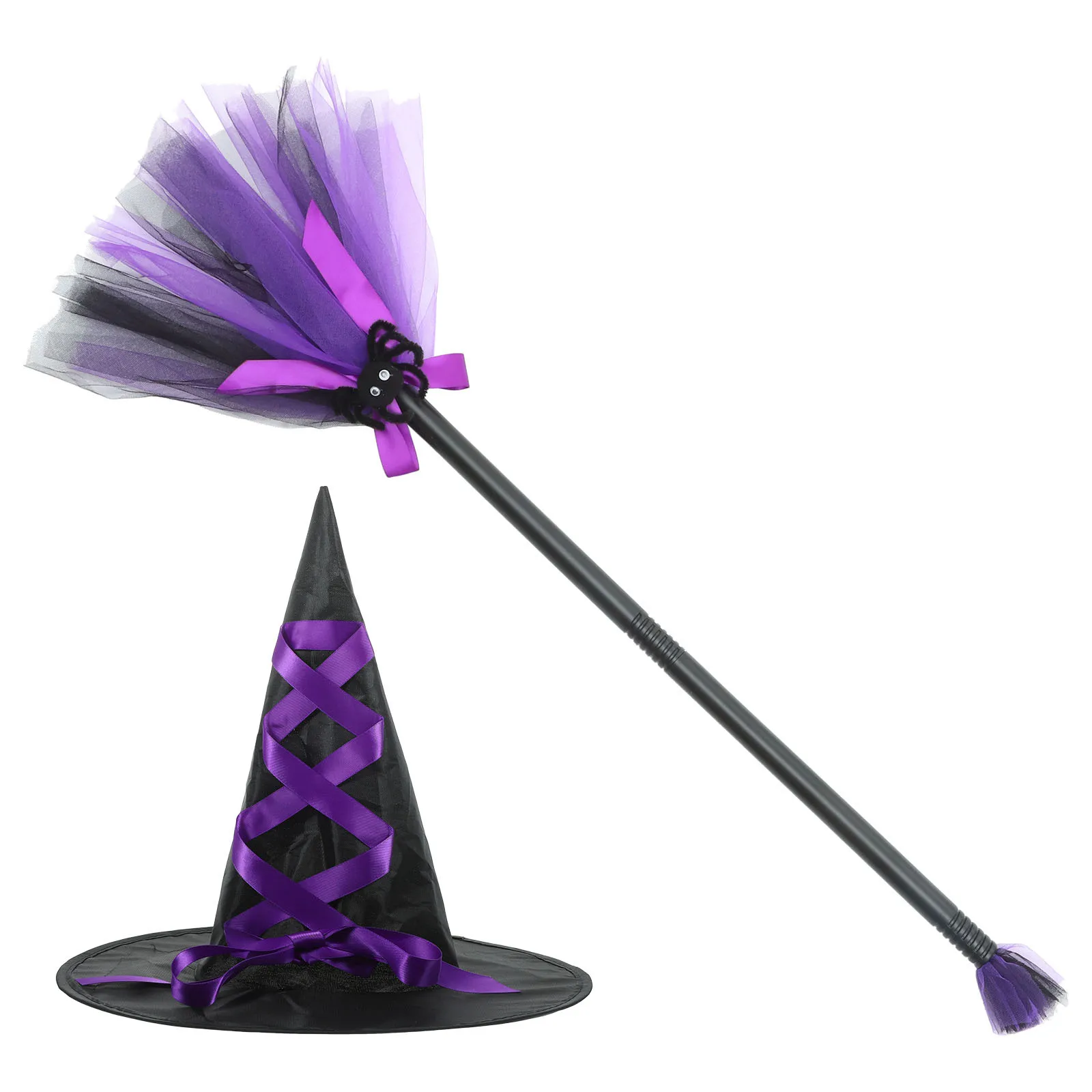 1Set Halloween Witch Hat Cosplay Set Decorative Witch Broom Prop Party Dress-Up Masquerade Gift Witches Broom Witches Hat