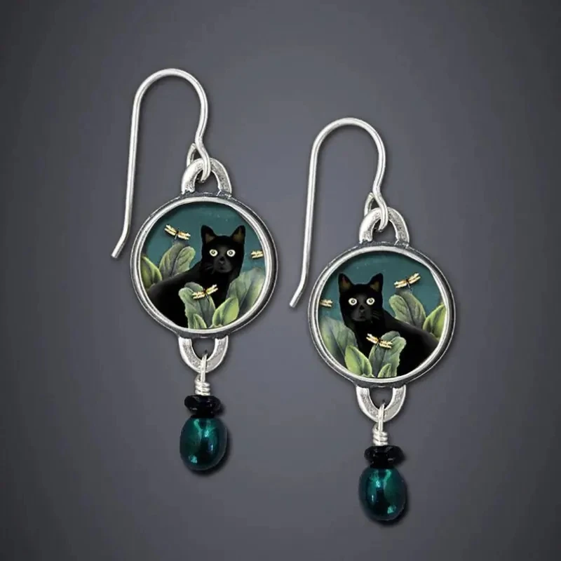 Boho Style Cat Pattern Drop Earrings with Synthetic Gems - Fashionable Costume Accessory