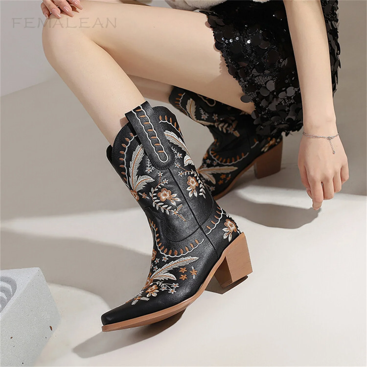 FEMALEAN 2023 Embroidery Santiag Winter White Pointed Toe Texana Corral Women Western Cowboy Ankle Boots Ladies Shoes On Offer