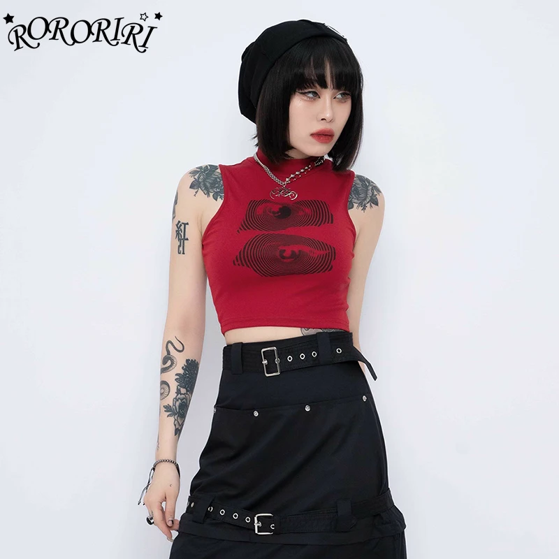 RORORIRI-Camiseta sin mangas con estampado rojo Retro para mujer, Camiseta ajustada de cuello alto Y2k, jersey de verano para Festival de Música