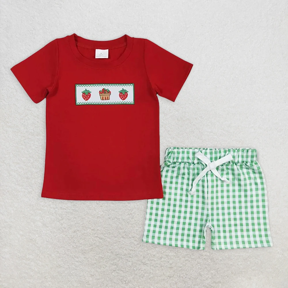 طقم قميص وسروال قصير مطبوع عليه كعكة الفراولة الحمراء للأطفال الصغار بأكمام قصيرة طقم ملابس أطفال للأولاد #1