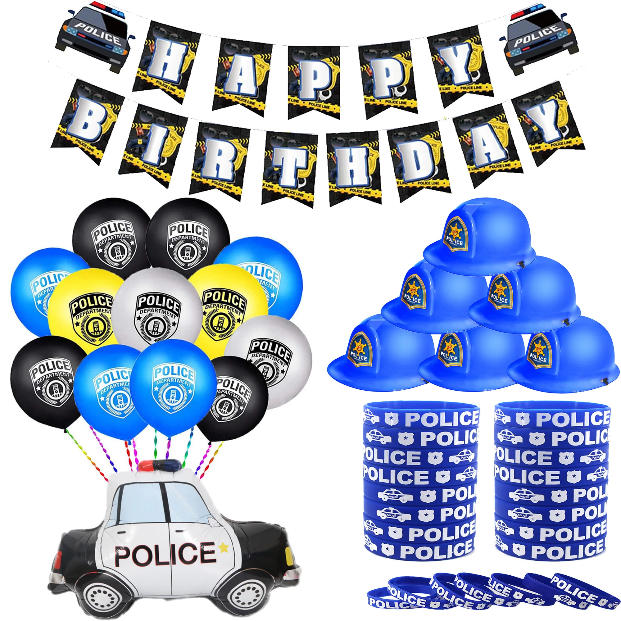 Police Themed Party Police Silicone Bracelet Police Banners Police Car Foil Balloons Latex Balloons For Boys Birthday Decoration