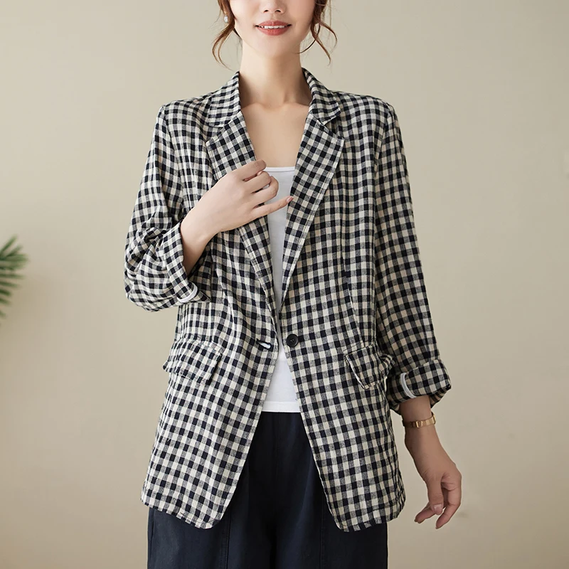 Slim Fit Casual Plaid Cotton Linen Spring Autumn Women's Jacket Short Style Fashionable Versatile Long Sleeve One Button Coat