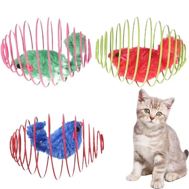 3pcs Colorful Cat Springs Toys Caged Mice Plush Mouse Toys Hardness Wire Material Cat Interactive Toy Mouse Cat Toy For Indoor