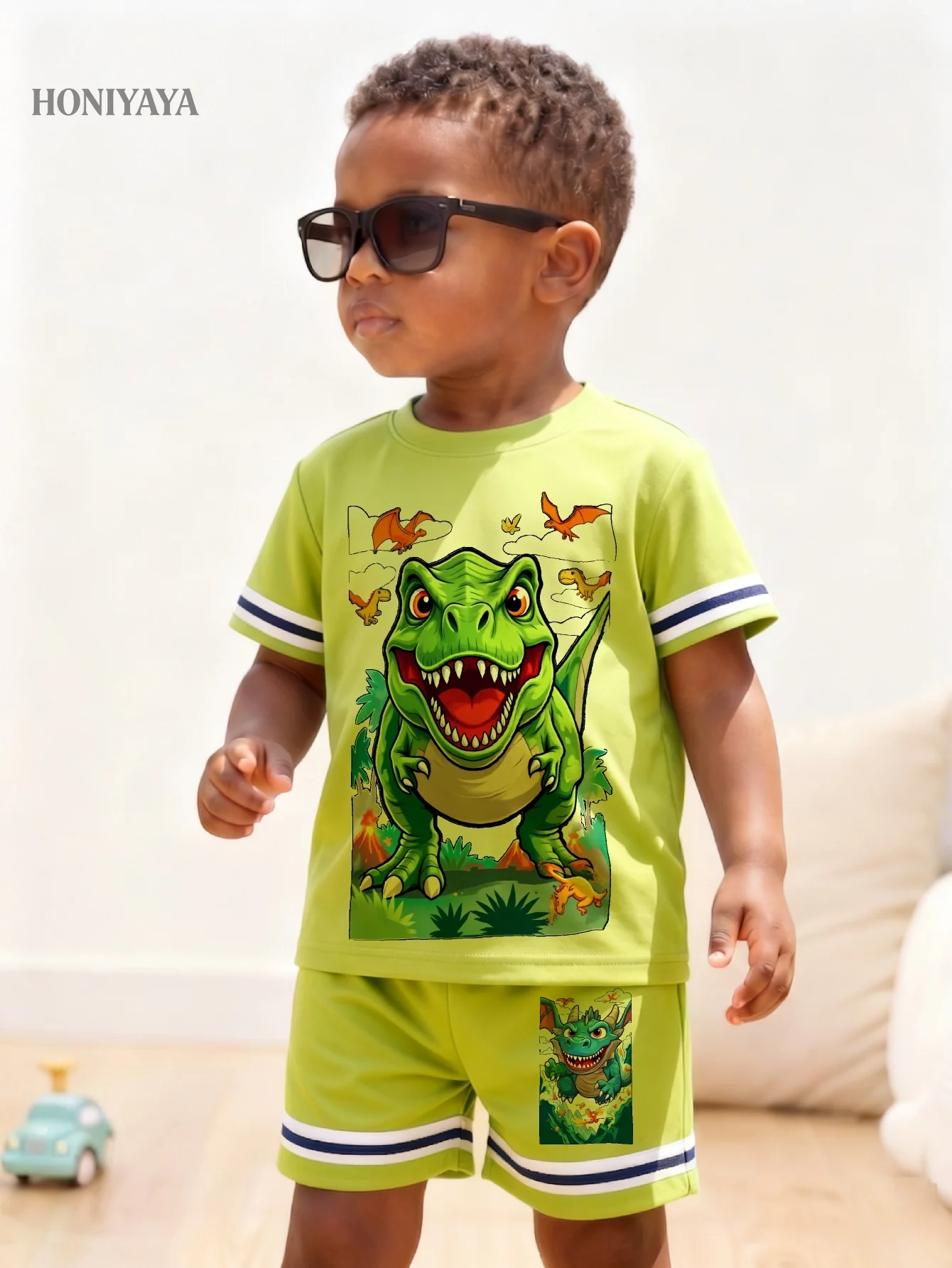 

2 Pcs Baby Boy Clothes Summer Adventure Dinosaur Print Outfit Happy Child Outdoor Play Fun And Active Kids Wear Bright Green T R