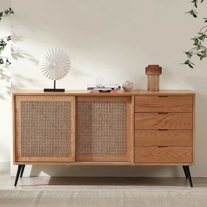 

Nordic Solid Wood Sideboard Japanese Simple Modern Rattan Locker Living Room Entrance Cabinet