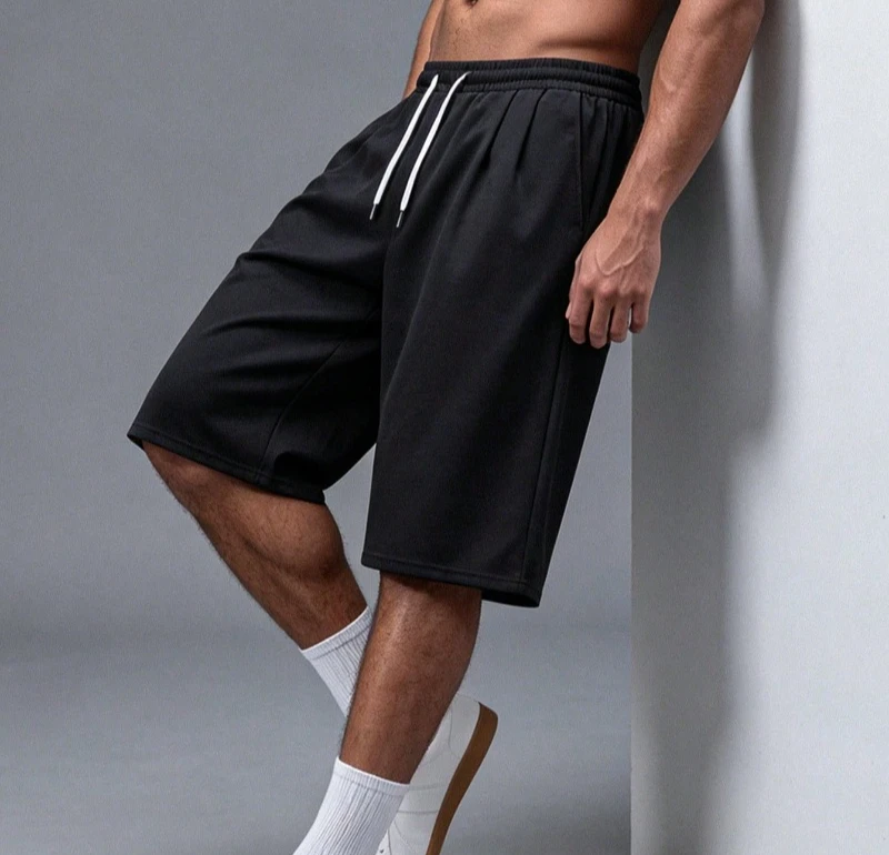 

Men's loose wide leg seven inch sports shorts, drawstring waistband, casual sports style, solid color summer casual shorts
