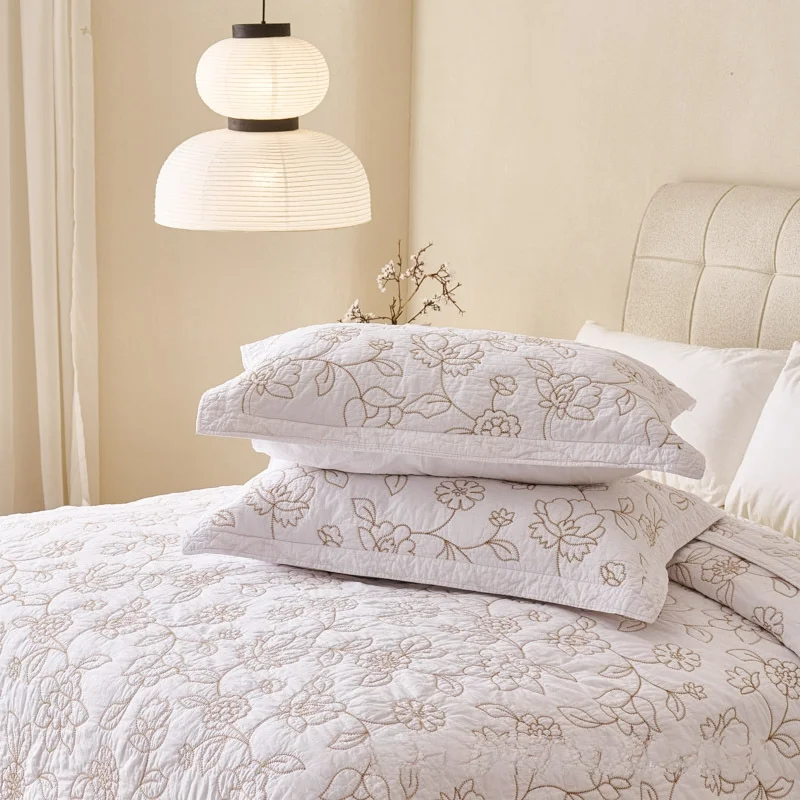 100% Cotton Embroidered Quilted Bedspread 3PCS Bedding Set, Solid Color Quilt Coverlet, Lightweight Comforter for Bedroom Decor