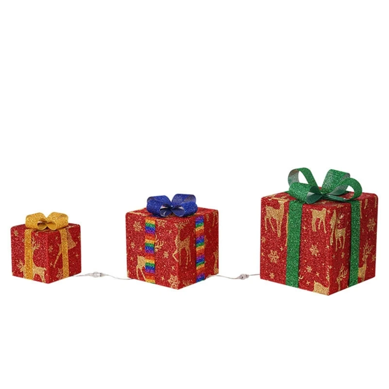 3 stks LED Warme Lichten Present Box Ornamenten Kerst Verlichte Geschenkdozen Vakantie Gloeiende Decoratie voor Binnen Buiten