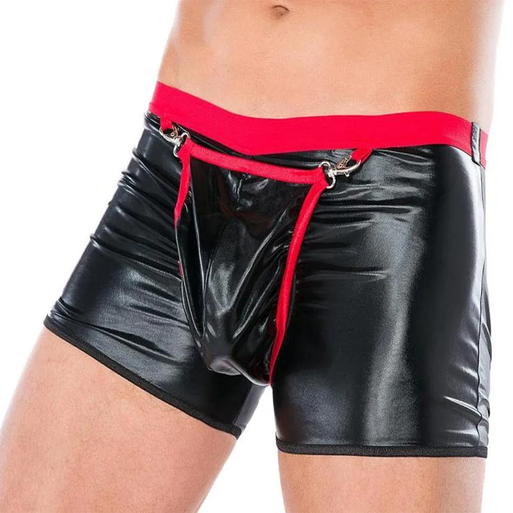 1 قطعة الرجال مفتوحة المنشعب نظرة الرطب الملاكم الملابس الداخلية منخفضة الخصر لامعة بولي Leather الجلود مع كليب جذوع الملاكمين السراويل سراويل