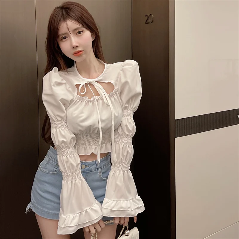 2024 Spring and Autumn New Fashionable Slim Fit Niche Street Explosion Bubble Sleeve Waist Elastic Tie Hollow Long Sleeve Top