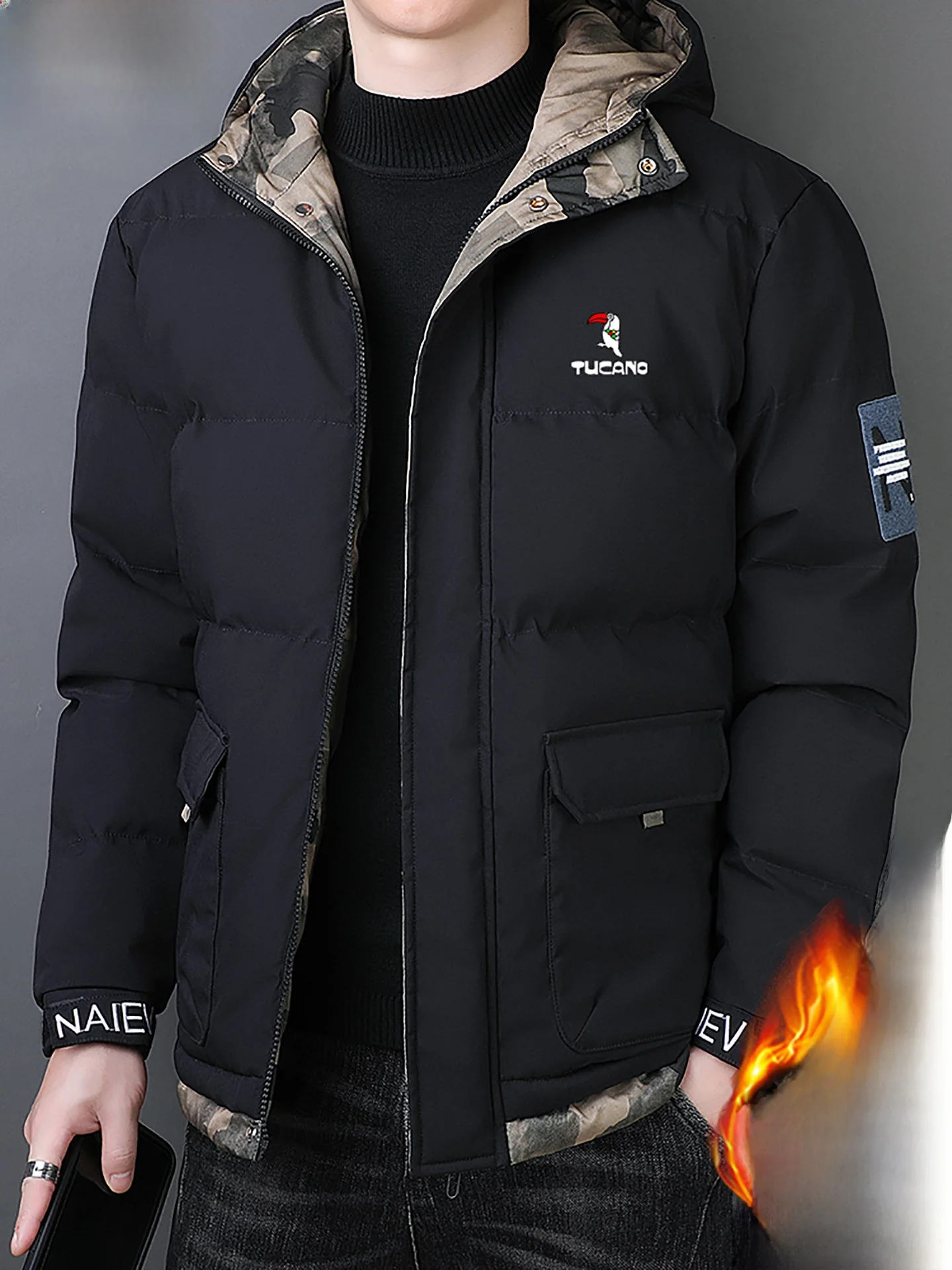 

TUCANO Winter Cotton Jaet Men's Hooded Faion New Sle Versatile Men's Clothing Cool Cotton Wear Stand Nylon Fabric