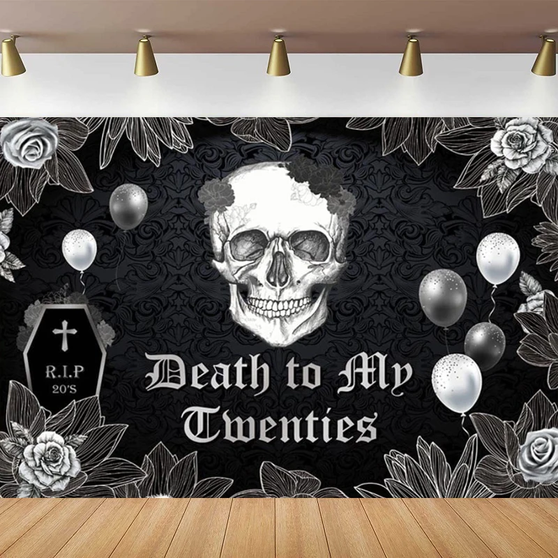 Death To My Twenties Photography Backdrop To My 20s Youth Gothic Skull Black Rose Balloons Decoration Background Photo Props