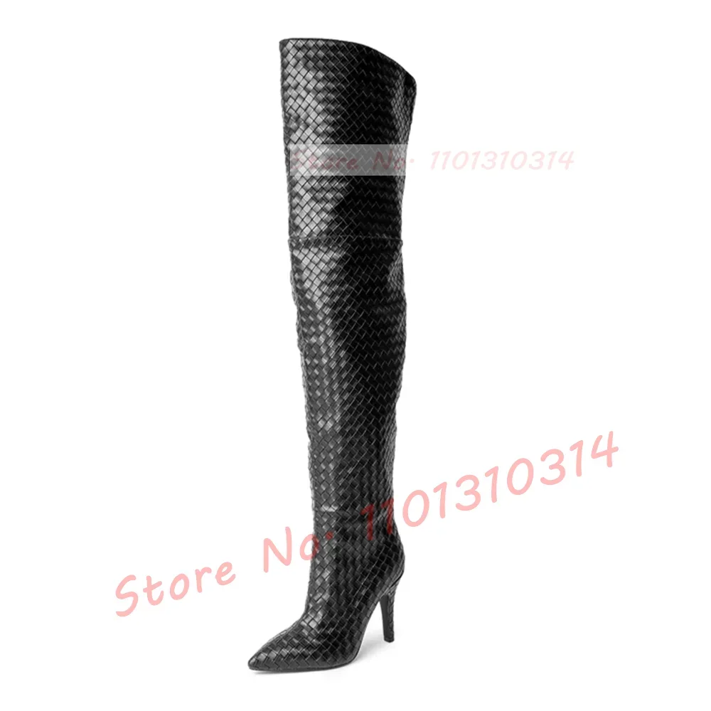 White Woven Thigh High Boots Ladies Sexy Back Hollow High Heels Boots Pointed Toe Street Style Women Side Zipper Casual Shoes