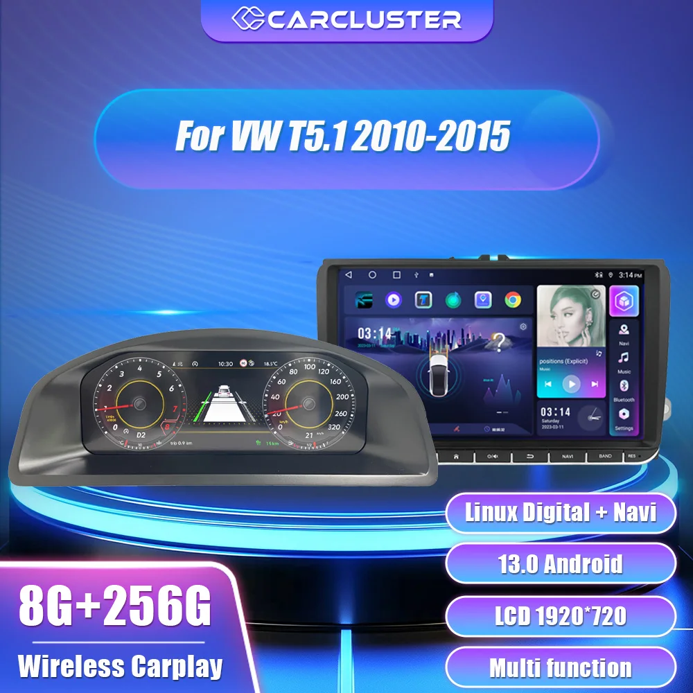 

Carcluster 12,3 ЖК-цифровой кластер приборной панели для VW T5.1 T5.2 2010-2015, панель кабины, Android-плеер, карты, навигация, радио