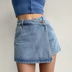 Denim Skirt Shorts For Women 2024 Summer Solid Color Ladies High Waist Short Pants Asymmetrical Female A-Line Jean Mini Shorts