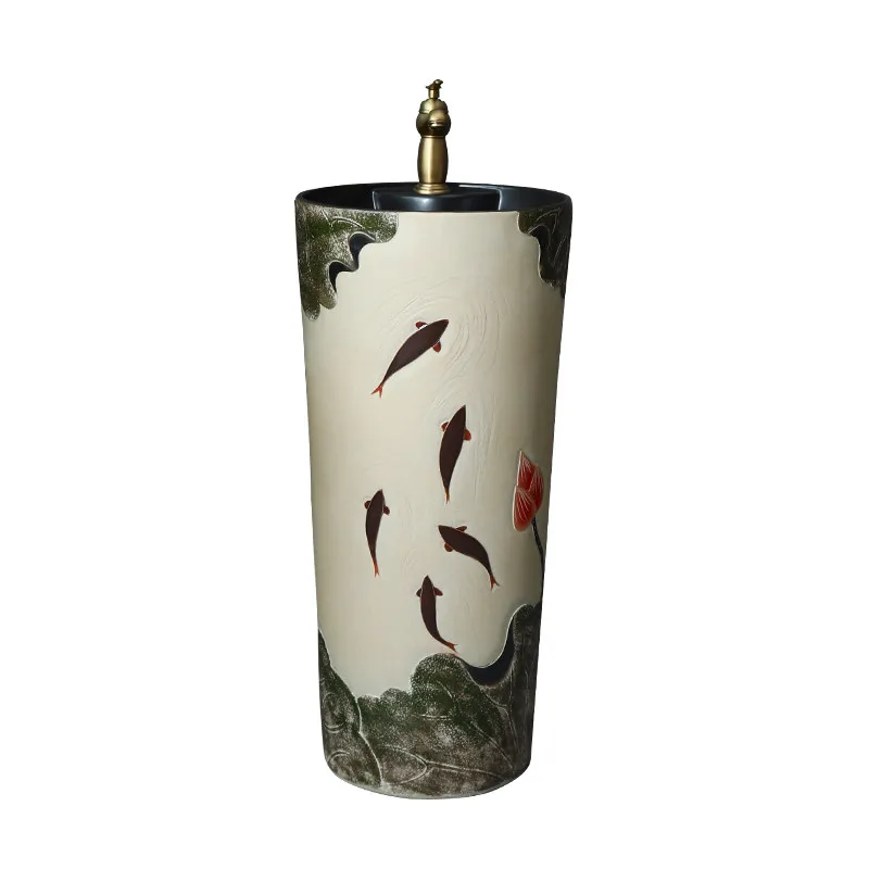 Ceramic floor-to-ceiling integrated column basin, handmade creative washbasin, small apartment bathroom column basin