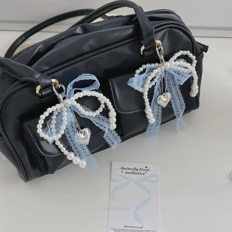 Aesthetic Keychain Charms,Ribbon Bows Bag Charm Pendant Sweet Pearls Keychains Charms Hanging Ornament for Women