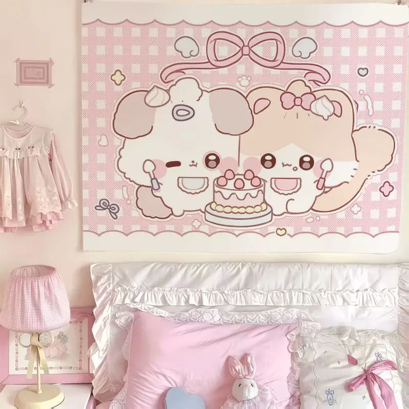 Eine entzückende Wäschekaninchen-Wandbehang-Cartoon, niedliche Kreatur, kleines Kaninchen mit einem Hintergrundtuch. Dekorativer Wandteppich fürs Bett